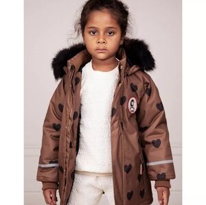 Mini Rodini Brown Heart Jacket with Black faux Fur Trim